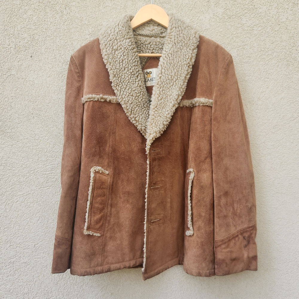 LAKELAND Men's Campus Coat Size 40 Penny Lane Leather Sherpa Lined Vintage 70s - Picture 4 of 14